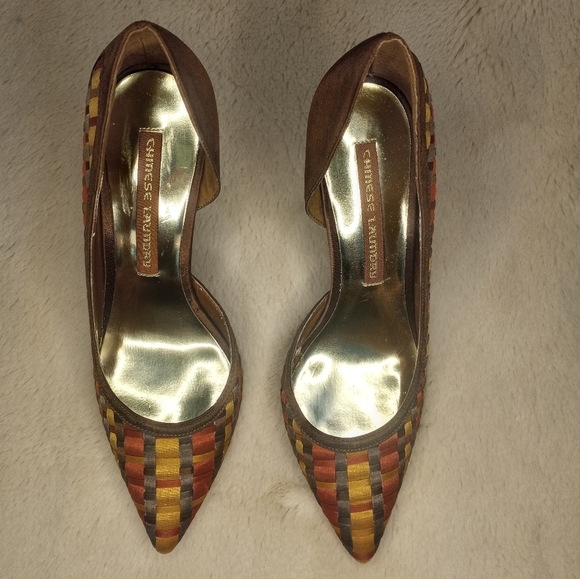 Chinese Laundry North D'Orsay Chocolate Brown Gold Orange Woven Boho Silk Heel - Picture 2 of 7